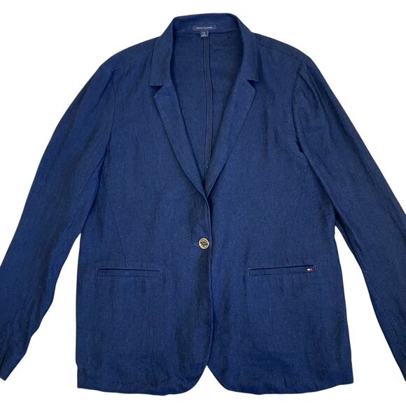 Tommy Hilfiger Sz L Linen Blend Navy Single Breasted Lightweight Blazer Relaxed - Picture 3 of 16